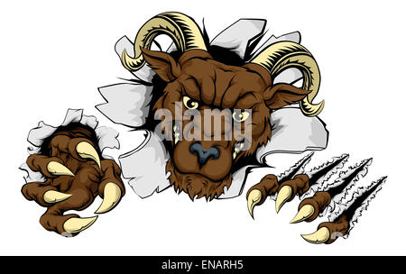 Ein Mittel suchen Ram Maskottchen Charakter durch eine Wand ausbrechen Stockfoto