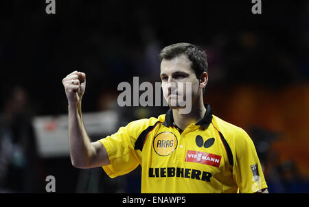 Suzhou, China Jiangsu Provinz. 1. Mai 2015. Deutschlands Timo Boll feiert nach der Herren Einzel gegen Wong Chun Ting von Hong Kong China bei der 53. Tischtennis-Weltmeisterschaft in Suzhou, Stadt der Osten Chinas Jiangsu Provinz, am 1. Mai 2015-Spiel. Bildnachweis: Wang Yuguo/Xinhua/Alamy Live-Nachrichten Stockfoto