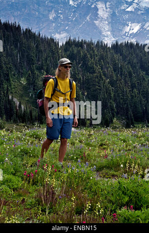 WASHINGTON - Wanderer auf Wonderland Trail quer durch Blumenwiesen der Moraine Park in Mount Rainier Nationalpark. Stockfoto