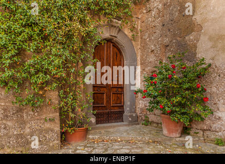 Hölzerne Tür Eingang Wohnung in Civita di Bagnoregio, Italien bis rustikal Stockfoto