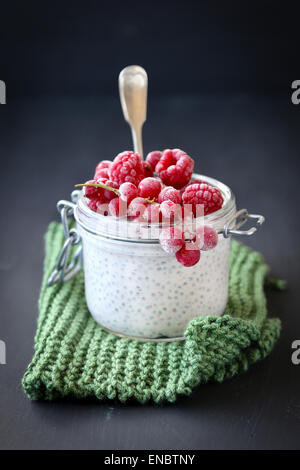 Himbeere, rote Johannisbeere und Chia Samen Pudding in Glas zum Frühstück Stockfoto