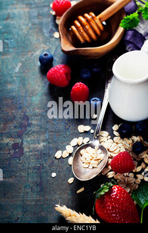 Gesunde Breakfast.Oat Flocke, Beeren und frische Milch. Gesundheit und Ernährung-Konzept Stockfoto