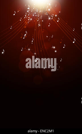 Abstrakt rot Hintergrund mit Musik Noten Lichter und bokeh Stockfoto