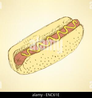 Skizzieren Sie Hotdog im Vintage-Stil, Vektor Stock Vektor