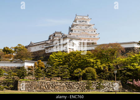 Das Ri-no-Ichi Watari Yagura, ein defensiver Turm, mit dem halten von Himeji Burg, das über gegen einen Frühling klaren blauen Himmel aufragt. Helles Sonnenlicht. Stockfoto