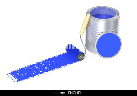 Kann mit blauer Farbe und Roller Pinsel isoliert auf weißem Hintergrund Stockfoto