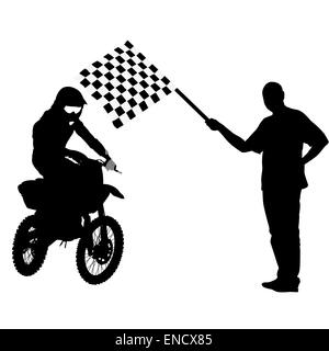 Schwarze Silhouetten-Motocross-Fahrer auf einem Motorrad. Vektor, Abbildung Stockfoto