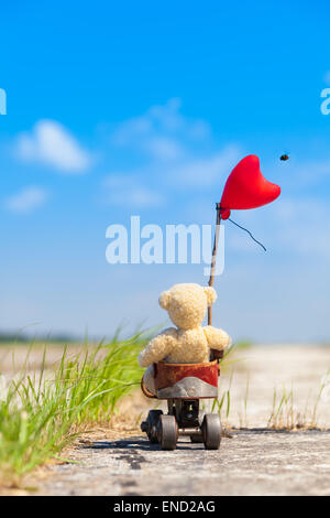 Teddy-Bär, der reist in ein Fahrzeug, halten einen herzförmigen Ballon und einem fliegenden Insekt, die es stechen wird Rollschuh Stockfoto