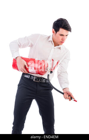 Junger Mann Holding Feuerlöscher Stockfoto