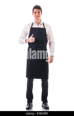 Voller Länge schoss der junge Koch oder Kellner posiert isoliert Stockfoto