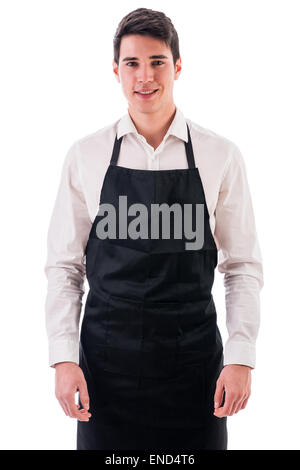 Jungkoch oder Kellner tragen schwarze Schürze isoliert Stockfoto