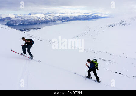 Skifahrer Skitouren auf dem Weg nach oben Fastdalstinden, Lyngen Alpen (Lyngsalpene), Troms, Norwegen. Stockfoto