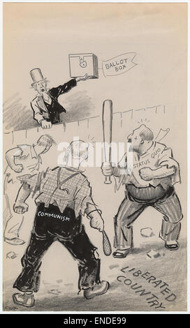 Dieser Zeichentrick symbolisiert den politischen Kommentar der USA und konzentriert sich auf das Konzept eines „befreiten Landes“ und die Wahlurne im Kontext des Kommunismus. Die Illustration zeigt wahrscheinlich Uncle Sam als eine Figur amerikanischer politischer ideale während einer Zeit intensiver politischer Spannungen im Kalten Krieg oder nach dem Zweiten Weltkrieg. Stockfoto
