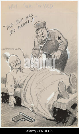 Dieser Zeichentrick zeigt satirisch die historische Figur Hideki Tojo, einen japanischen Offizier und Premierminister während des Zweiten Weltkriegs. Das Bild thematisiert auf humorvolle Weise Tojos Schicksal und hebt die Komplexität seiner Aktionen und seiner militärischen Führung während des Krieges hervor. Stockfoto