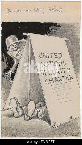 Dieser Cartoon aus der Zeit des Zweiten Weltkriegs thematisiert die Gefahr der Selbstgefälligkeit während des Krieges, symbolisiert durch die Gefahr des Einschlafens während wichtiger Ereignisse. Die Illustration zeigt, wie dringend es ist, in kritischen Momenten des Krieges wachsam zu bleiben und sich zu engagieren, was die Besorgnis und die hohe Bedeutung des Konflikts von 1939-1945 widerspiegelt. Der Zeichentrick war ein Kommentar über die Notwendigkeit von Wachsamkeit. Stockfoto