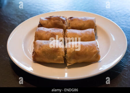 Frittierte Hähnchen und Gemüse Frühlingsrollen unter Glühlampenlicht Stockfoto