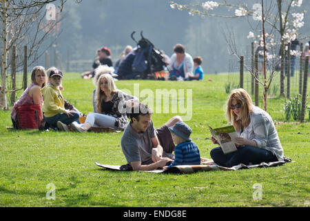 Familien entspannen, Picknicken, & genießen den Sonnenschein zusammen in einem Park in Großbritannien Stockfoto