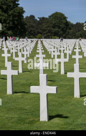 D-Day American Cemetery - weißes Kreuz Grabsteine in Reihen am Coleville Cemetary, Omaha Beach, Normandie Frankreich Stockfoto