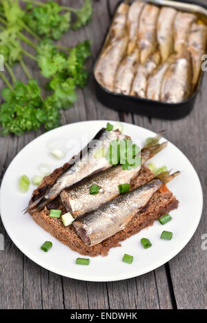 Sandwich mit Sprotten und Frühlingszwiebeln auf Holztisch Stockfoto