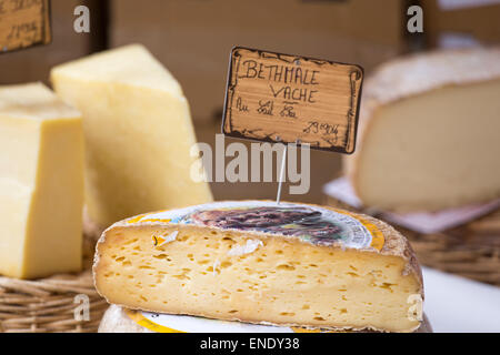 Bethmale Käse aus Kuhmilch auf dem Sonntagsmarkt von Montcuq mit lokalen Lebensmitteln in Frankreich Stockfoto