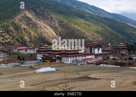 Thimphu-Fluss, Tashichhoedzong, Gebäude der Nationalversammlung und des Königs Residenz, Thimphu, Bhutan, Asien Stockfoto