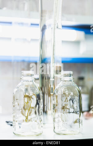 Leere Glasflaschen auf Tisch. Forschung-Laborglas Stockfoto