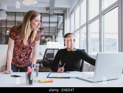 Weibliche Führungskräfte arbeiten gemeinsam an neuen Projekt. Kreativteam mit Laptop für Informationen im Büro. Stockfoto