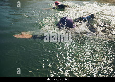 Athleten, die in einem Wettbewerb schwimmen. Freiwasserschwimmen Sie, Athleten, die lange Strecke schwimmen. Stockfoto