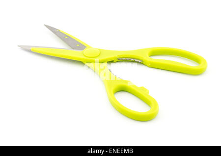 grüne Gebrauchte Scheren isoliert auf weißem Hintergrund Stockfoto