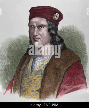 Gonzalo Fernández de Córdoba (453-1515), The Great Captain. Spanischer General, die Eroberung von Granada und italienischen Kriege gekämpft haben. Farbige Gravur. des 19. Jahrhunderts. Porträt. Stockfoto