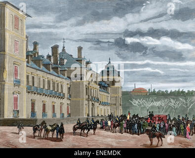 Alfonso XII von Spanien (1857-1885) und die Königin Gemahlin Maria Christina von Österreich (1857 – 1885), Ankunft am königlichen Palast von El Pardo. Kupferstich von Rico. La Ilustracion Espanola y Americana, 1879. Farbige. Stockfoto