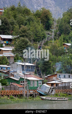 Caleta Tortel Küstendorf. Region Aysén. Chile Stockfoto