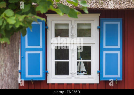 Bunten Fensterläden von Reetdachhaus auf das Dorf Born Auf Dem Darß, Mecklenburg-Vorpommern, Deutschland Stockfoto