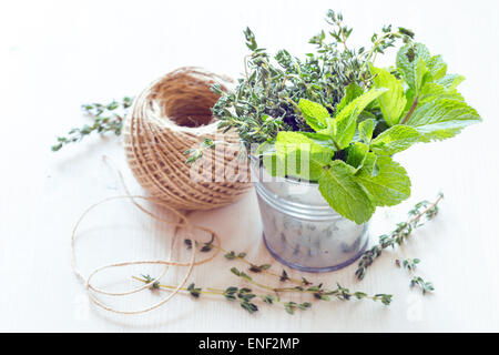 Frische Minze und Thymian in einen kleinen Eimer Stockfoto