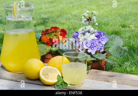 Limonade in Glasschale mit Minze und Blumen auf Hintergrund Stockfoto