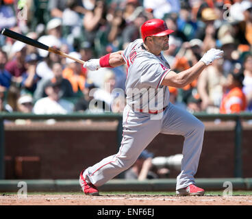 San Francisco CA. 3. Mai 2015. Los Angeles Angels erster Basisspieler Albert Pujols (5) in Aktion während der MLB-Baseball-Spiel zwischen den Los Angeles Angels of Anaheim und die San Francisco Giants im AT&T Park in San Francisco CA. Die Riesen besiegt die Engel 5: 0. Damon Tarver/Cal Sport Media/Alamy Live-Nachrichten Stockfoto