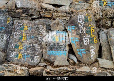 Alten Mani-Steinen eingeschrieben mit einem buddhistischen Mantra in der Himalaya-Region, Nepal Stockfoto