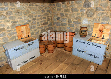 Waffen und Vorräte eingelagert (Fort Loudoun State Park, Franzosen- und Indianerkrieg Periode). Stockfoto