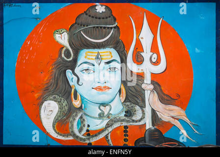 Handgemaltes Bild auf einer Hauswand in der Altstadt, denen Gott Shiva, Udaipur, Rajasthan, Indien Stockfoto