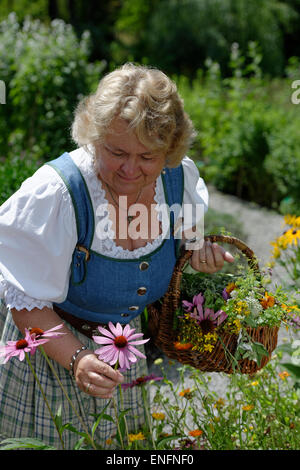 Kräuterfrau mit Kraut Korb Ernte Heilkräuter, Kräutergarten, Kräuter-Themenpark, Bad Heilbrunn, Bayern, Oberbayern Stockfoto