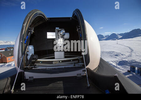 Ein Photometer in die Sterne Kuppel auf dem Dach des atmosphärischen Observatoriums der Forschungsbasis AWIPEV in Ny-Alesund auf Spitzbergen, Norwegen, 9. April 2015. Ständig besetzte polare Forschungsstationen der Deutschland (Koldewey-Station des Alfred-Wegener-Instituts), Norwegen, Frankreich und China arbeiten heute in der ehemaligen Bergbau-Siedlung Norwegens, in Svalbard-Archipel. Dazu gehören auch Forschungsstationen, die nur besetzt sind begrenzt aus Italien, England, Japan, sowie kleine Gebäude für Forscher aus Spanien und den Niederlanden. Die gemeinsam genutzte Infrastruktur von Kings Bay, einschließlich marine Rück Stockfoto