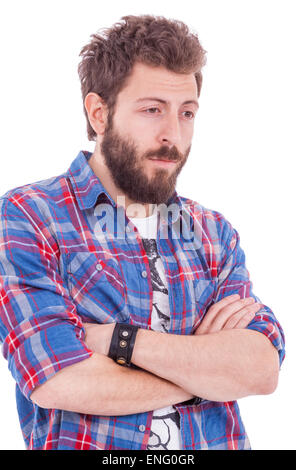 Männer in karierten Hemd und schwarzem Lederarmband im studio Stockfoto