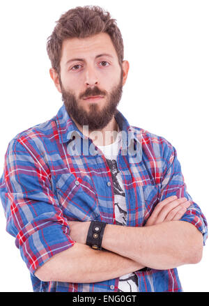 Männer in karierten Hemd und schwarzem Lederarmband im studio Stockfoto