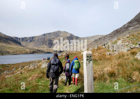 Ramblers Gruppe von Menschen zu Fuß durch Wanderweg am Seeufer weg um Llyn Ogwen See in den Bergen von Snowdonia National Park (Eryri) Wales UK Stockfoto