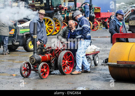 Drei Männer versammelten sich um eine Miniatur-Zugmaschine Stockfoto