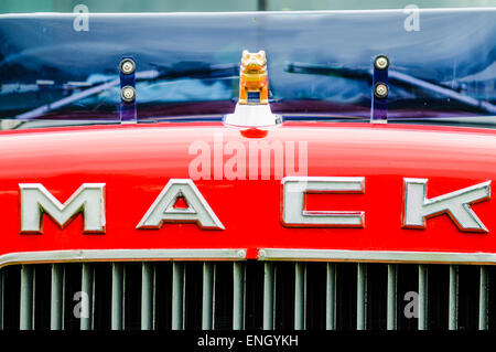 Bulldog Maskottchen auf der Motorhaube eines Mack Lkw. Stockfoto