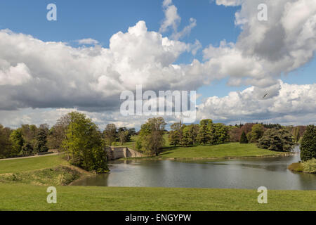 Blick auf den Queen-Pool, der Grand Bridge von John Vanbrugh und Blenheim Palast, Woodstock, Oxfordshire, England, Vereinigtes Königreich. Stockfoto