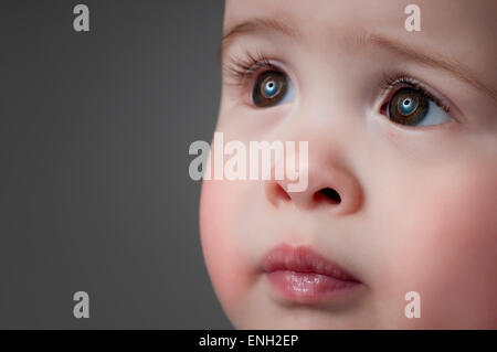 Nahaufnahme Portrait eines niedlichen kaukasischen Babyjungen mit großen braunen Augen vor einem grauen Hintergrund Stockfoto