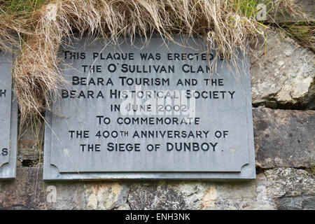 Informationstafel bei den Ruinen von Dunboy Castle auf der Beara-Halbinsel in der Grafschaft Cork Stockfoto