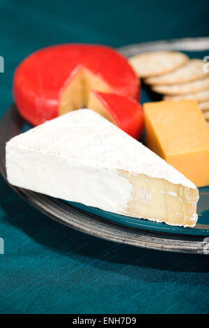 Geräucherte Baby Brie, Gouda und rauchte Cheddar Käse, zusammen mit Wasser Cracker auf Keramikplatten Stockfoto